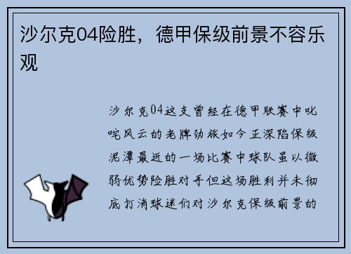 沙尔克04险胜，德甲保级前景不容乐观